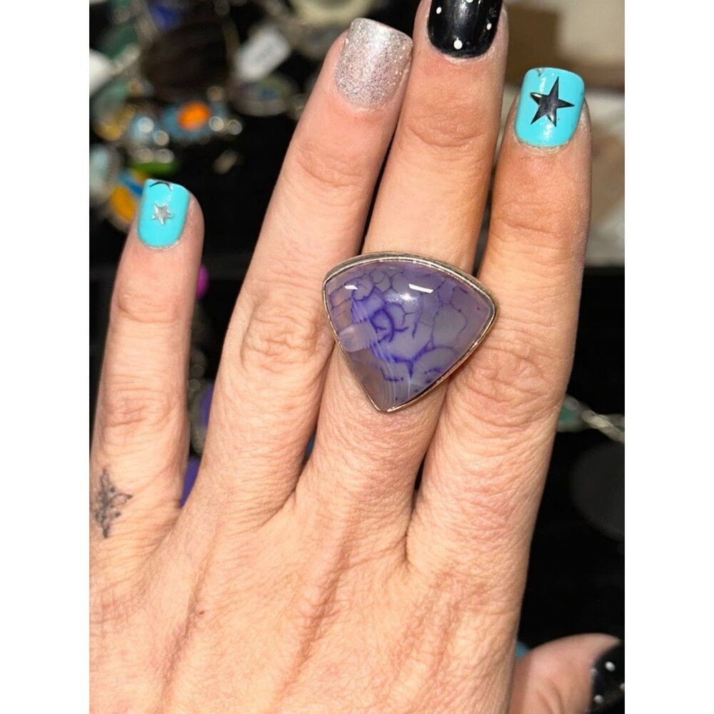 Purple Crackle Agate Sterling Silver Overlay Ring Size 8